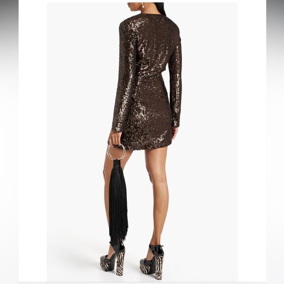 NWT Jonathan Simkhai Brown Monty Wrap-Effect Sequined Jersey Mini Dress - Picture 3 of 4